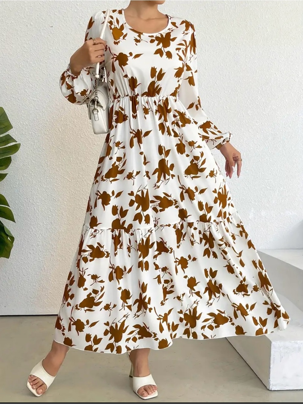 Women's White Maxi Dress with Brown Floral Print